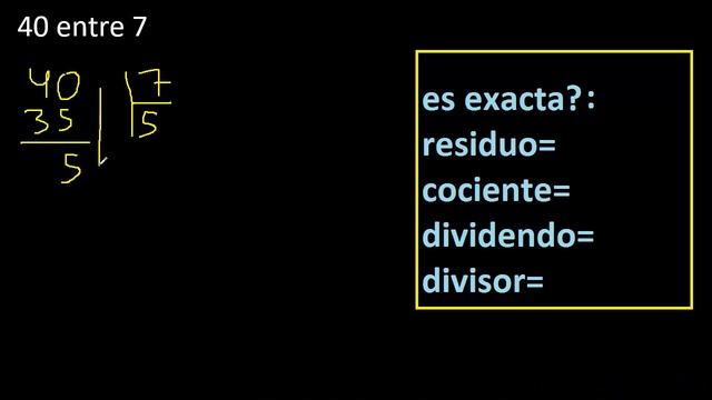 Dividir 40 entre 7 , residuo , es exacta o inexacta la division , cociente dividendo divisor ?
