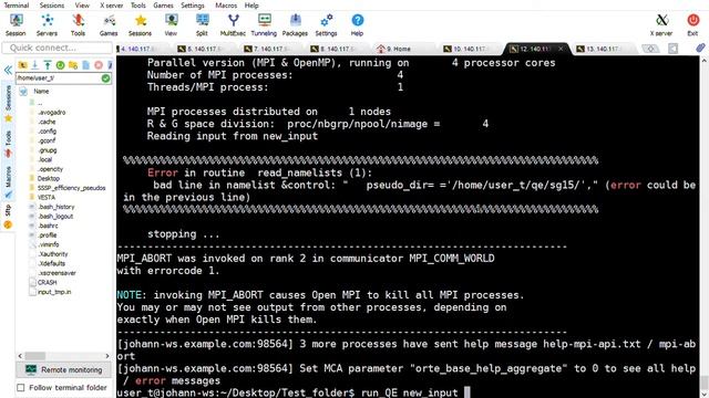 Analysing the error messages from QuantumESPRESSO and fixing the input file to successfully run it.