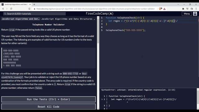 JavaScript Algorithms and Data Structures Projects  Telephone Number Validator  freeCodeCamp