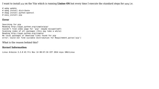 Arduino: easy_install pip on Arduino Yun fails 2 Solutions!!