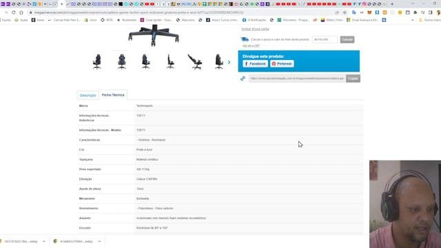Cadeira Gamer Techni Sport Reclinável Giratória - Preta e Azul - Bom e Mais Barato