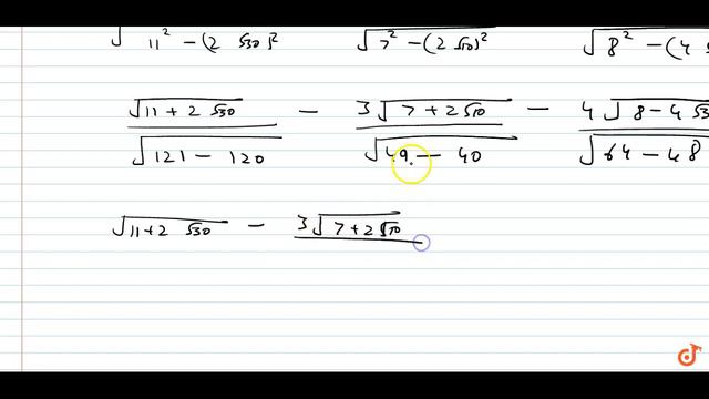 Simplify:
`1/sqrt[11-2sqrt30]`-`3/sqrt[7-2sqrt10]`-`4/sqrt[8+4sqrt3]`