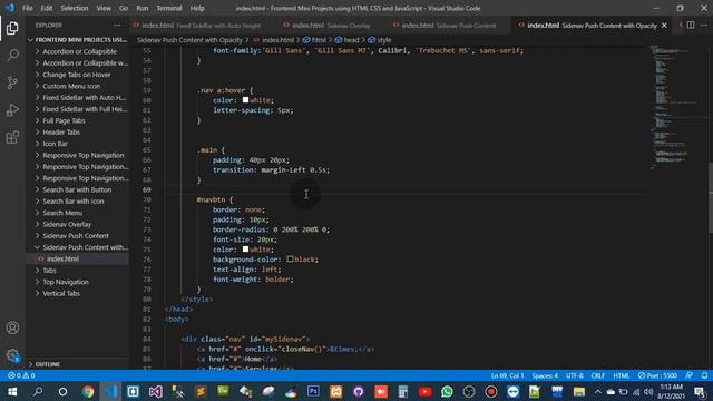 Sidenav Push Content with Opacity | video   playlist mini project of frontend HTML CSS JavaScript(5