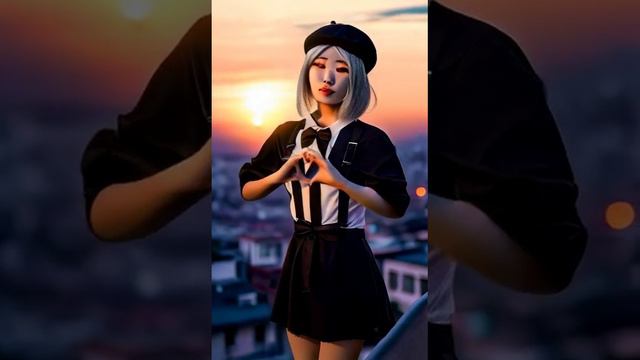 Японская девушка показывает жест сердца на фоне заката солнца (ИИ)