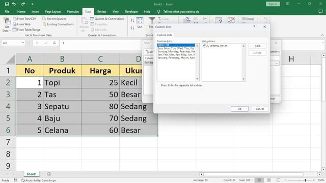 Cara Mengurutkan berdasarkan nama ukuran atau custom list sort di Excel