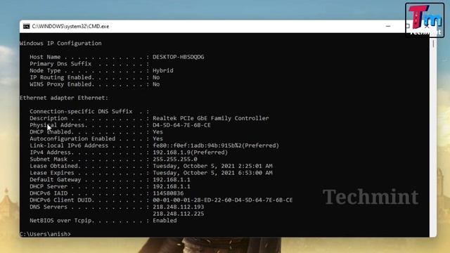 How to find Ethernet physical address (mac) in PC windows 10,11 with command?