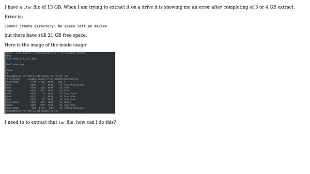 Ubuntu: Cannot create directory: No space left on device