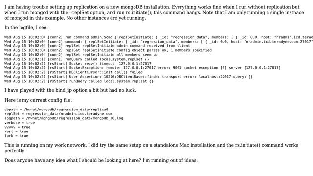 Databases: mongoDB rs.initiate hangs (2 Solutions!!)