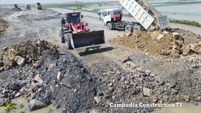 Inconceivable Nice React Construction New Road On Big Lake WheelLoader Dozer Move Big Rock to Wate