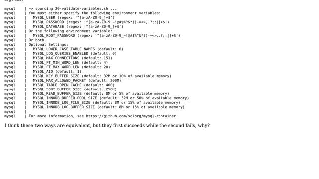 Docker command can start a mysql container, but docker-compose.yml can't, what are possible causes?