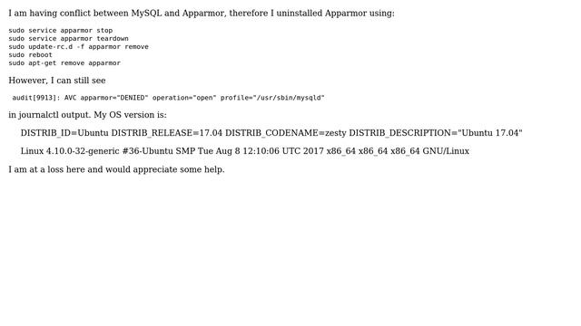 Ubuntu: AVC apparmor="DENIED" even after uinstalling Apparmor