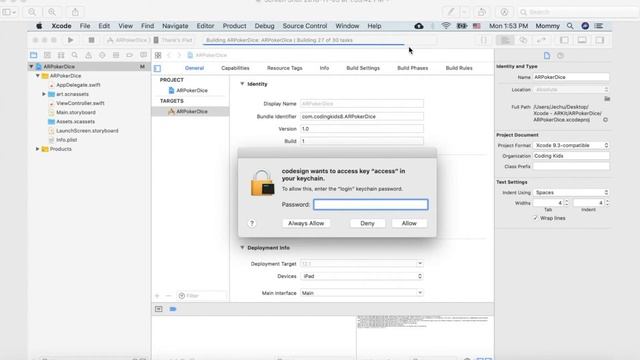 Xcode - ARKit - Tutorial - Lesson 2 - Keychain password pop-up error