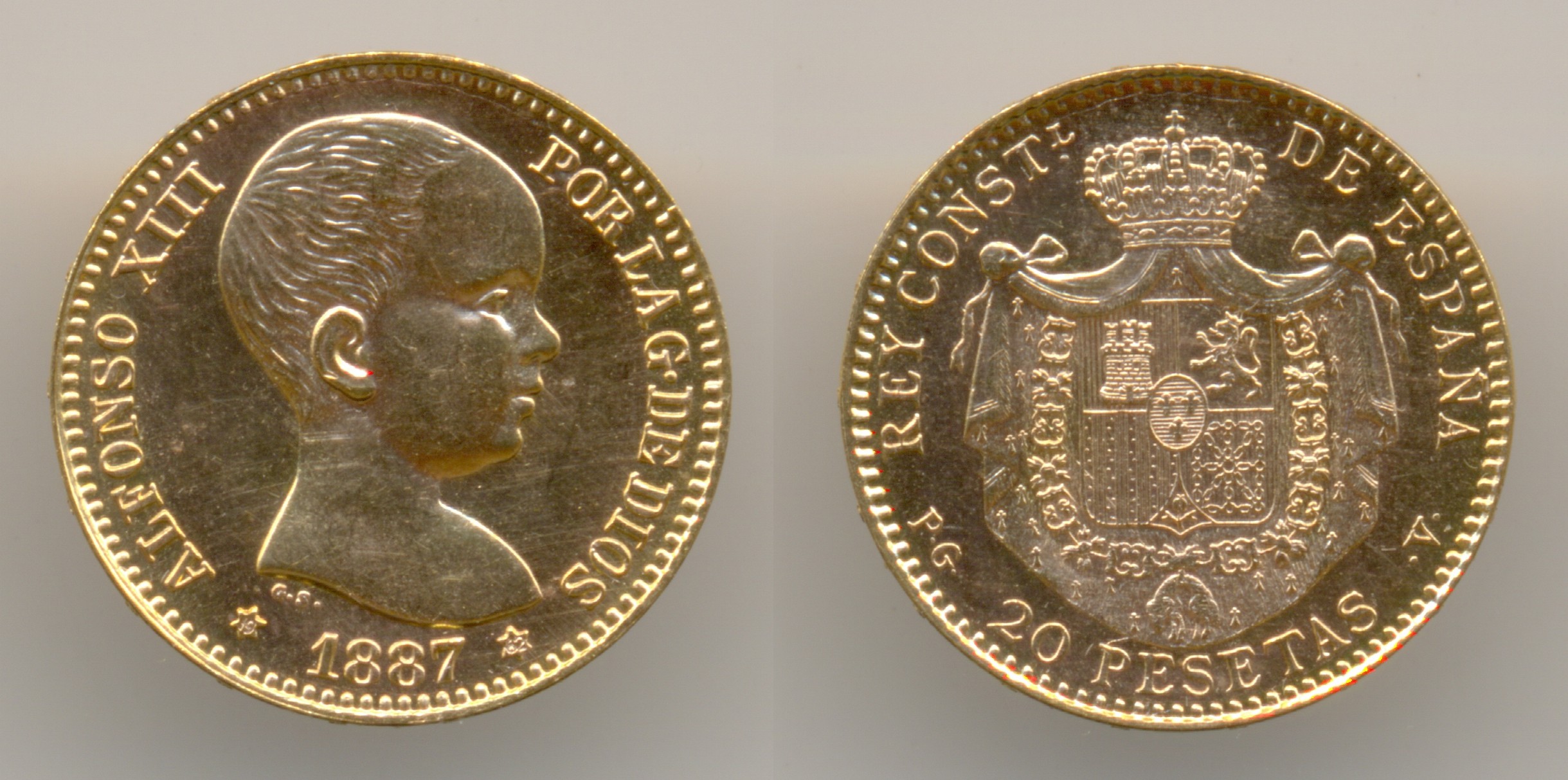 Нумизматика. Золотая монета. Испания, 20 песет 1887 г.