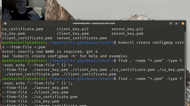 Using find command to build a certificate configmap from previously generated certs via Kubectl