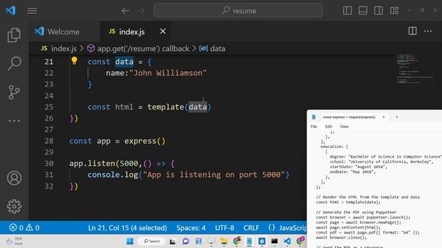 Node.js Puppeteer Project to Export Handlebars Resume Template to PDF Document in Express Using JS