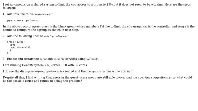 Unix & Linux: cgroups (V1) does not work -- how to diagnose/debug?