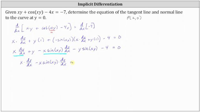 Implicit Differentiation: Equation of Tangent Line xy+cos(xy)-4x=-7