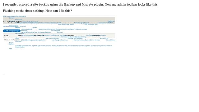 Drupal: Why does my admin page appear corrupted after using Backup and Migrate?