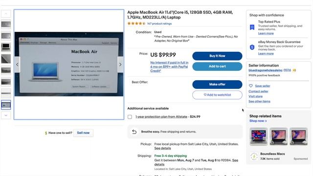 $100 Used macbook air 11.6”, 128gb SSD, 4gb RAM, for sale at Ebay
