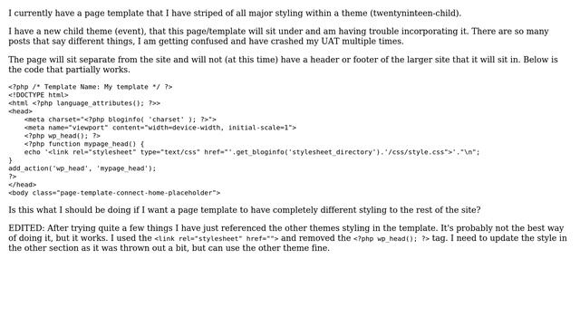 Wordpress: How do I bring a page template into a new theme with separate styling?