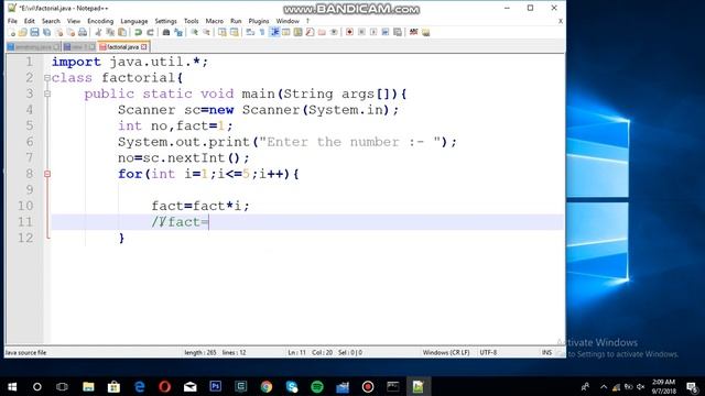 factorial number program in java