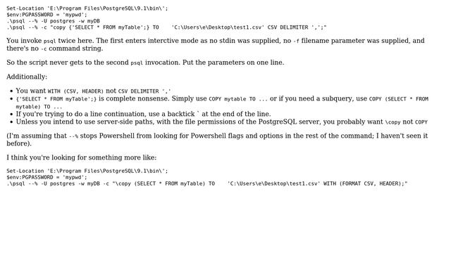 Databases: PSQL not executing SQL command - Powershell (2 Solutions!!)