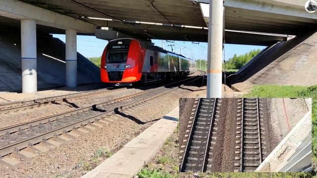Железная дорога. Вид с двух камер. Электропоезд ЭС1П Ласточка.