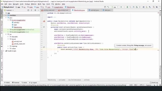 Android Studio AlertDialog (Messagebox) - Activity - Intent - Button implements View.OnClickListene