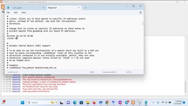 how to fix Apache shutdown unexpectedly on xampp server?