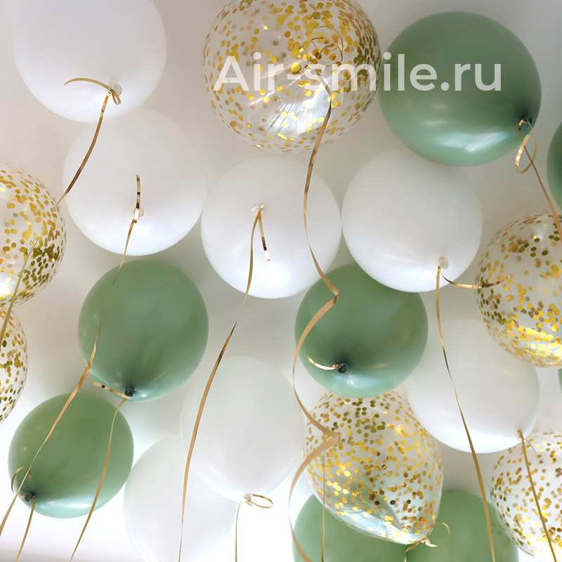 Шары воздушные зеленого и белого цвета с золотым конфетти Весенний день 10 шт