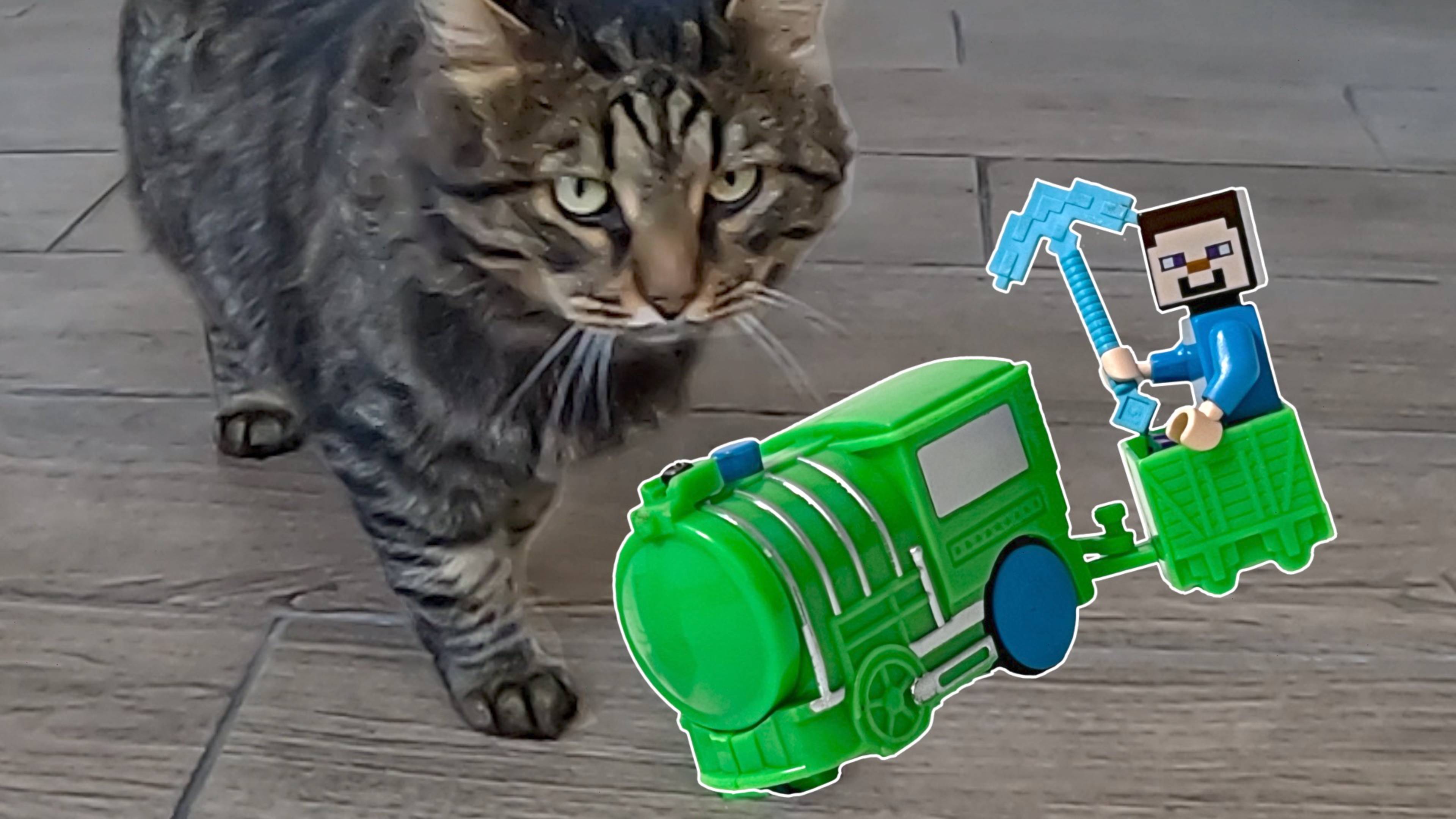 Котик против игрушечного паровозика / Видео про поезда-игрушки