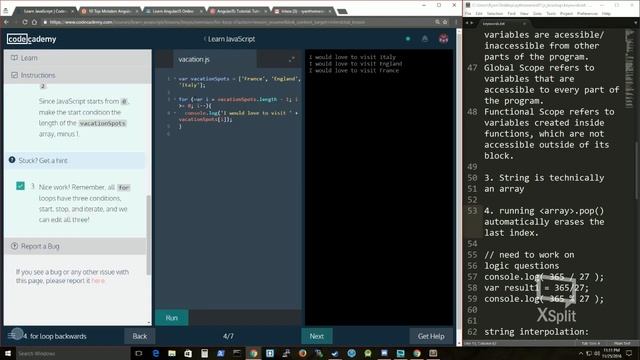 JavaScript For loop and While Loop Live Stream -- Brushing up on some JS