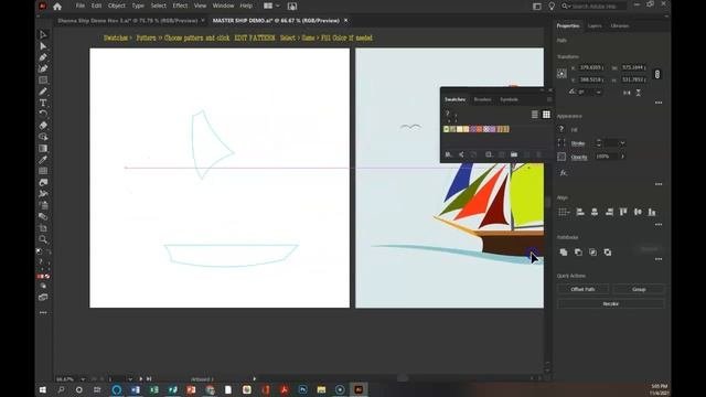 Illustrator Ship Pencil Tool Pattern Edits Text Paths and Drop Shadow