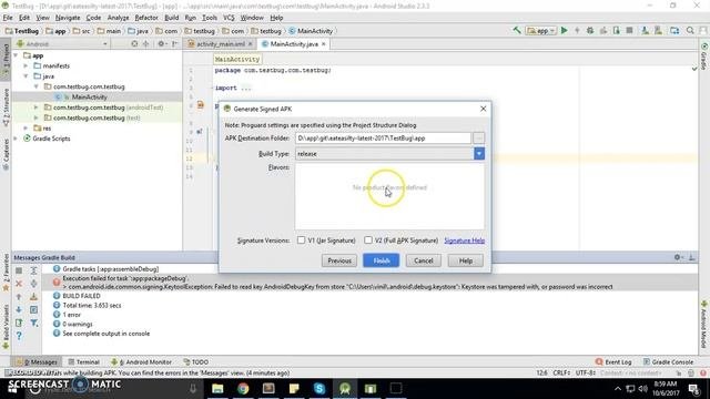com.android.ide.common.signing.KeytoolException: Failed to read key AndroidDebugKey from store
