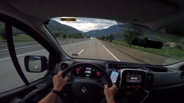 Moutiers - Ugine. Driving Renault Trafic. Cockpit POV. Summer. Alps. France