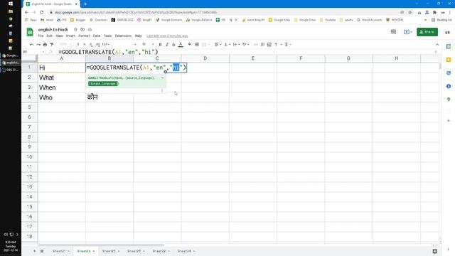 How to Translate English to Hindi on Google Sheet using Formula