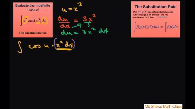 Evaluate the Integral x^2 cos(x^3) dx using the substitution method