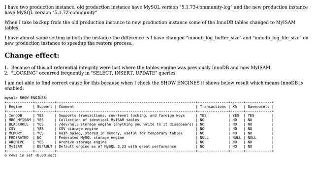 Databases: MySQL Storage Engine Changed from InnoDB to MyISAM on restoring backup in lower version