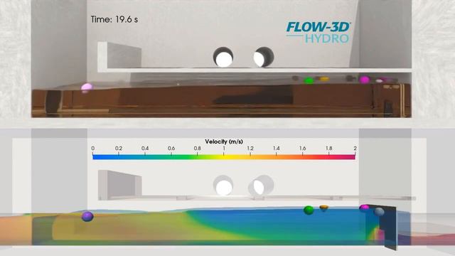 FLOW-3D анимация работы защитного экрана в канализации.