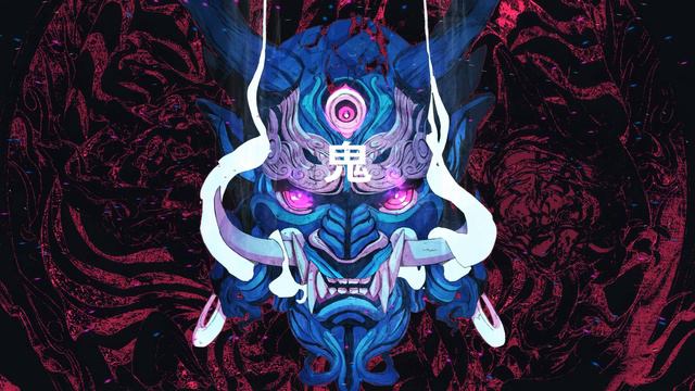 Маска Японского Демона с  Дымящимися Глазами | Japanese Oni Demon Mask with Red Eyes - Живые Обои