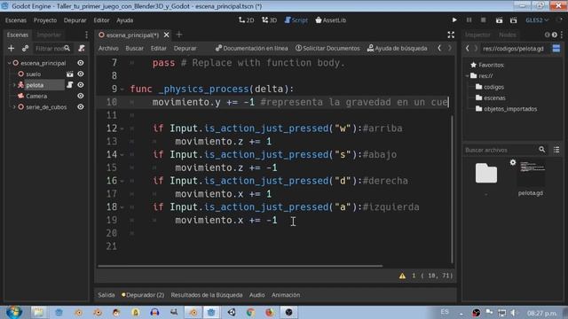3 mover y deslizar pelota kinematica  Taller 3D Godot desde cero