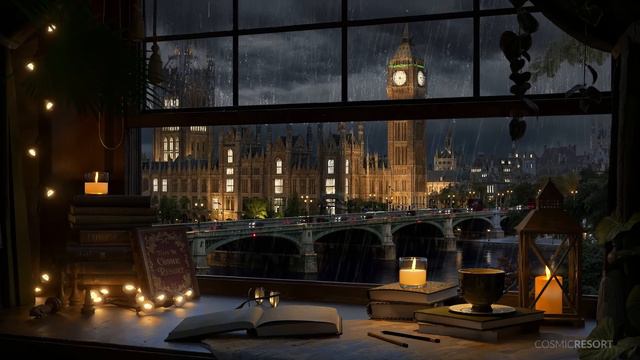 London Big Ben View Rain Study Ambience   Victorian Dark Academia with Distant Thunderstorm Sounds