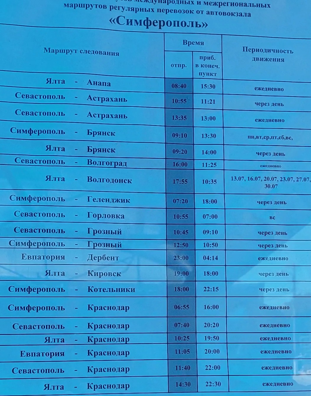 Автобусное расписание из Мирного