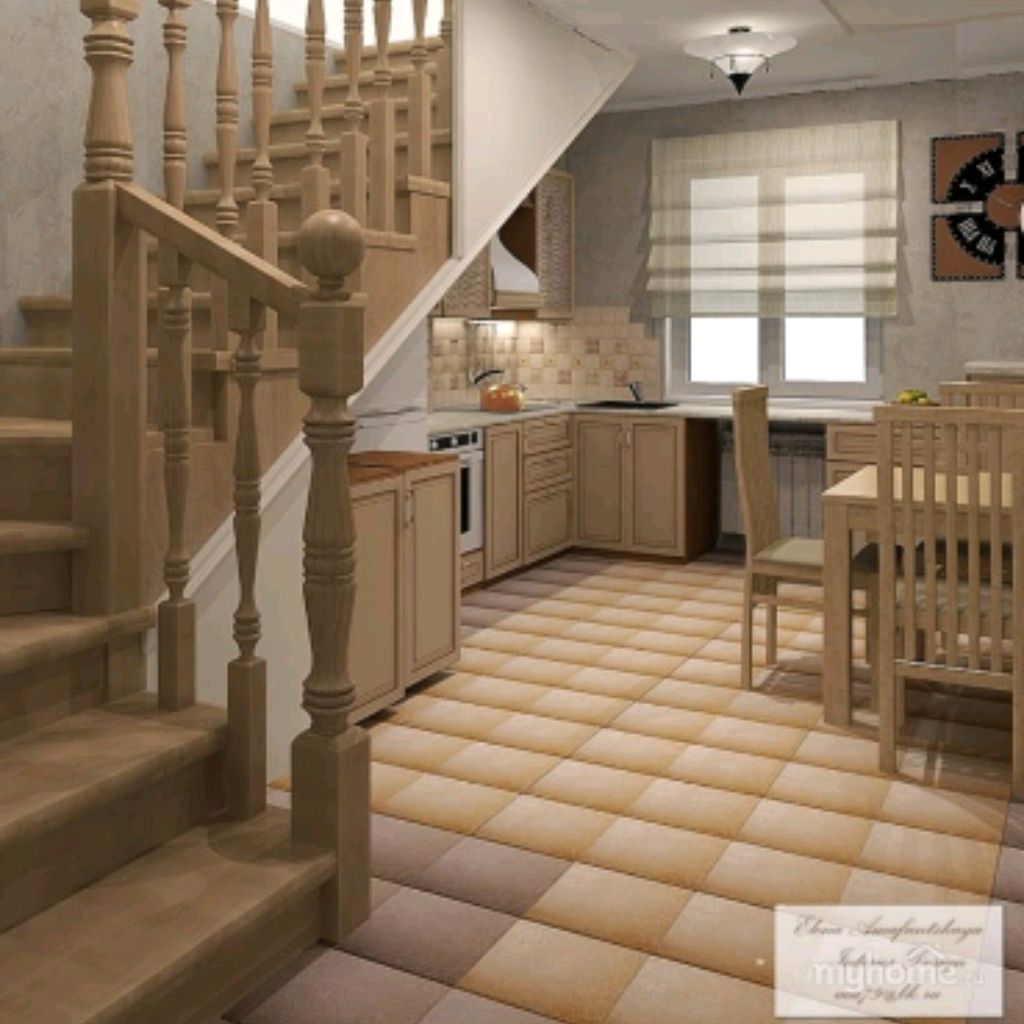 планировка гостиной с кухней и лестницей