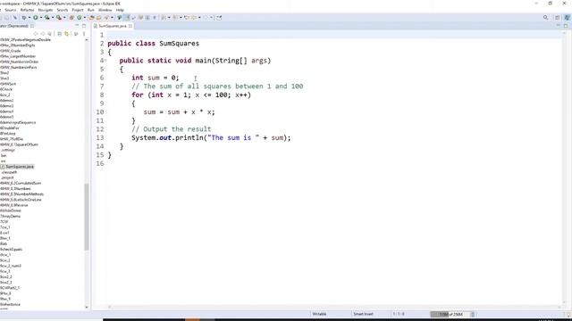 Java, for loop, compute the sum of all squares between 1 and 100 (inclusive). смотреть онлайн