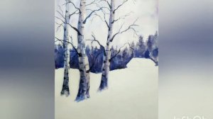 Как нарисовать зимний пейзаж с берёзами.Рисуем зиму.