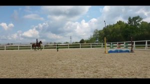 Тренировка по конкуру. Лошадка прыгает через барьеры, а тренер учит как правильно.