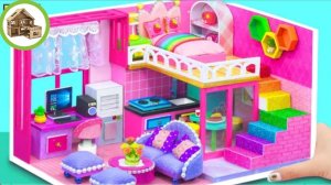 Рукадельный Розовый четырех комнатный миниатюрный домик с плазменным телевизором из картона #67