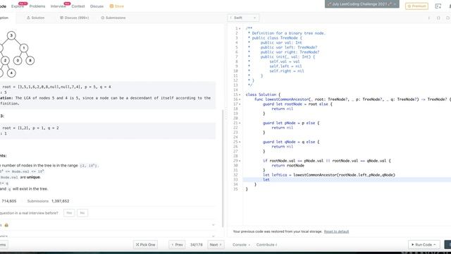LeetCode 236: Lowest Common Ancestor of a Binary Tree in Swift