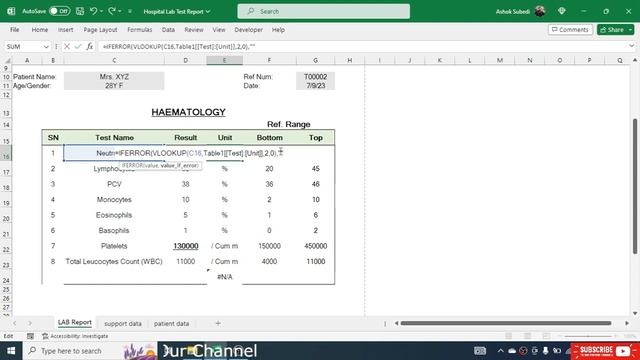 Hospital Pathology Lab Report in Excel with Dynamic Formulas